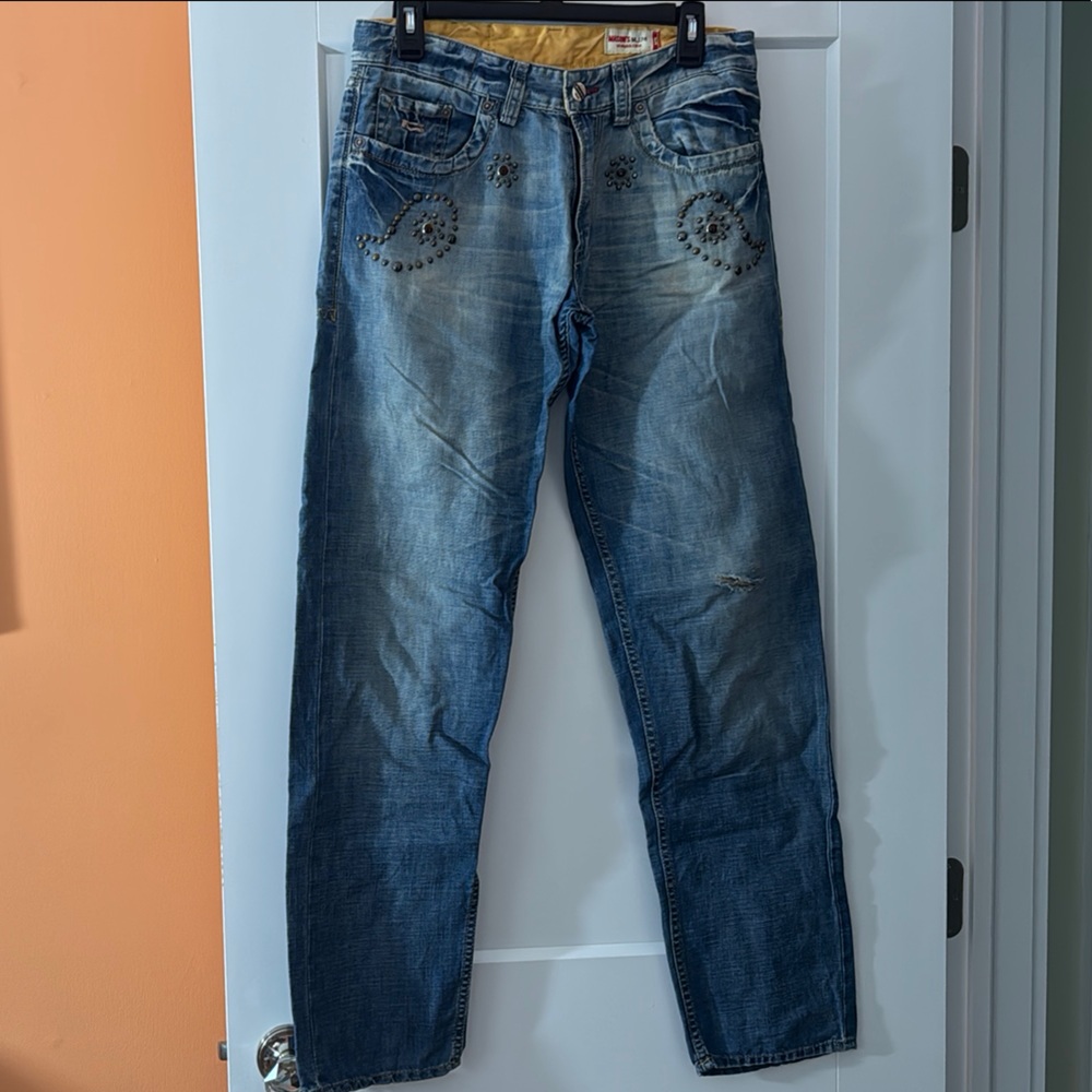 Mason Blue Straight Leg Jeans with Vintage Distressing